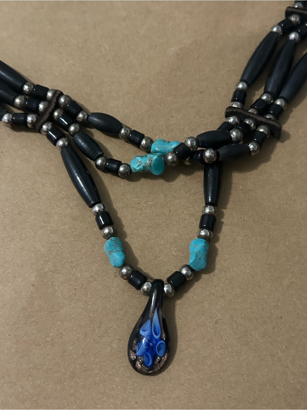 Handmade Black and Turquoise Beaded Necklace with Blue Glass Pendant